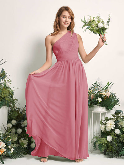 Carlyna Robe Trapèze Longueur ras du sol Décolleté Asymétrique Mousseline Demoiselle d'honneur Rose Du Désert #couleur_rose-du-d-sert