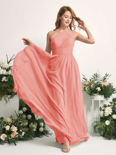 Carlyna Robe Trapèze Longueur ras du sol Décolleté Asymétrique Mousseline Demoiselle d'honneur Rose Pêche #couleur_rose-p-che