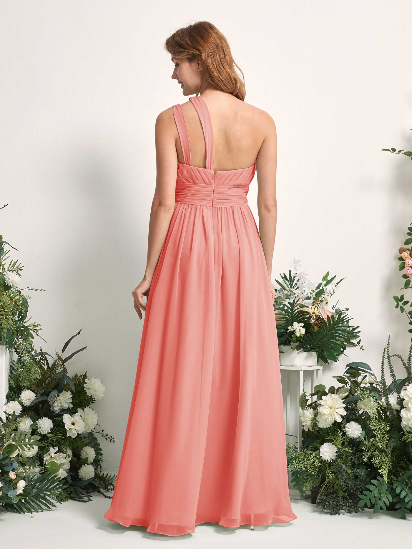 Carlyna Robe Trapèze Longueur ras du sol Décolleté Asymétrique Mousseline Demoiselle d'honneur Rose Pêche #couleur_rose-p-che