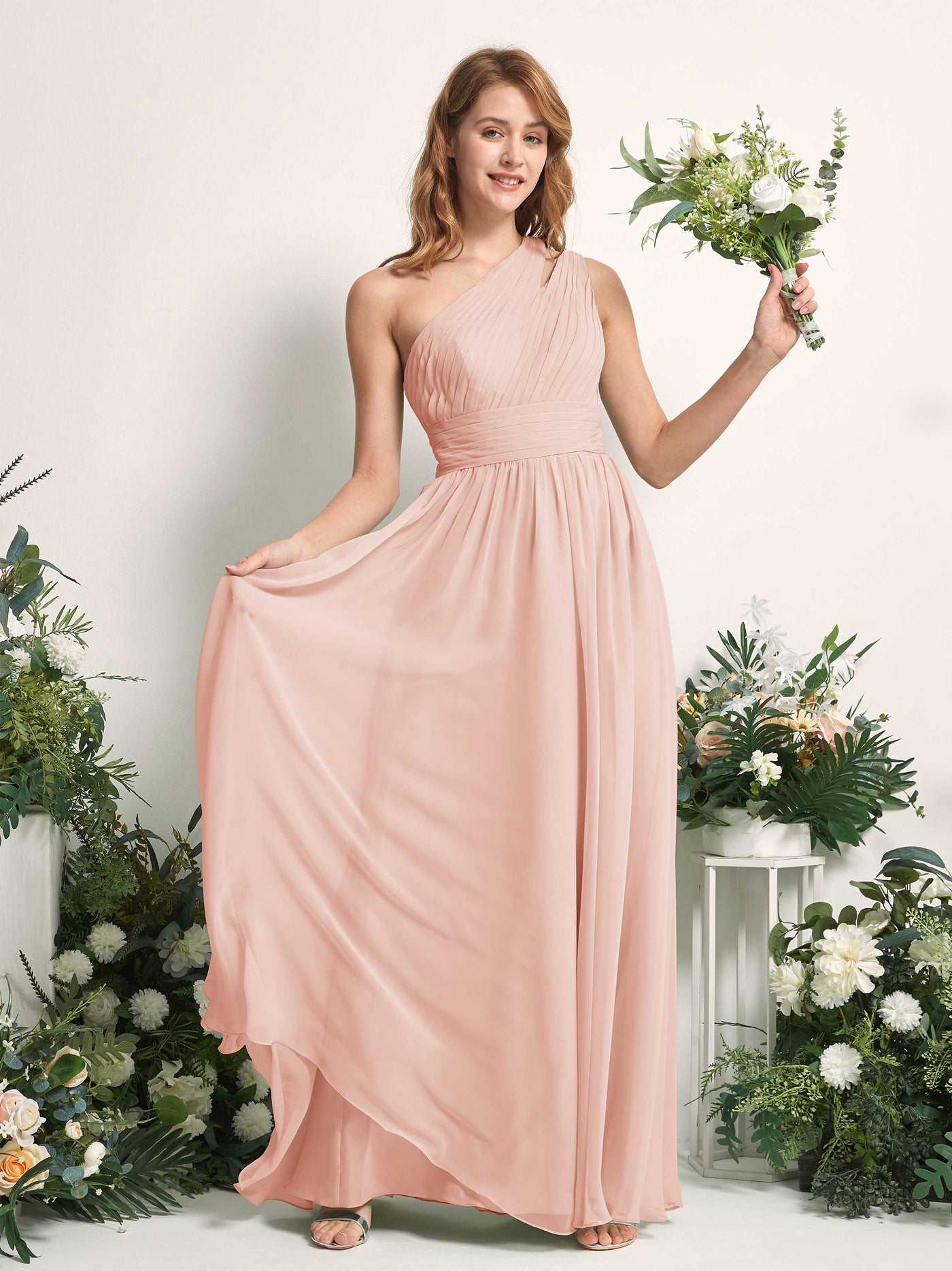Carlyna Robe Trapèze Longueur ras du sol Décolleté Asymétrique Mousseline Demoiselle d'honneur Rose Perle #couleur_rose-perle