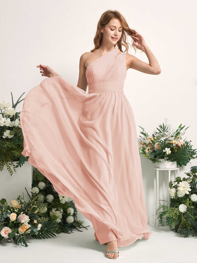 Carlyna Robe Trapèze Longueur ras du sol Décolleté Asymétrique Mousseline Demoiselle d'honneur Rose Perle #couleur_rose-perle