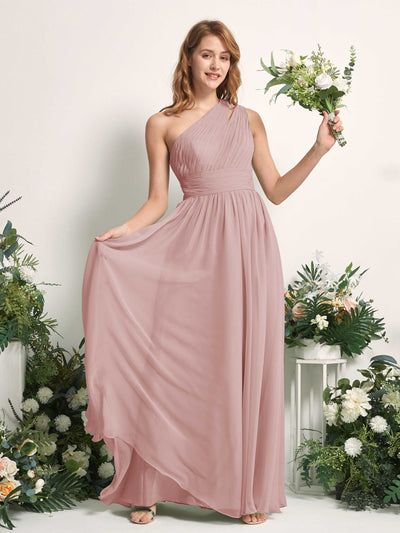 Carlyna Robe Trapèze Longueur ras du sol Décolleté Asymétrique Mousseline Demoiselle d'honneur Rose Poussiéreux #couleur_rose-poussi-reux
