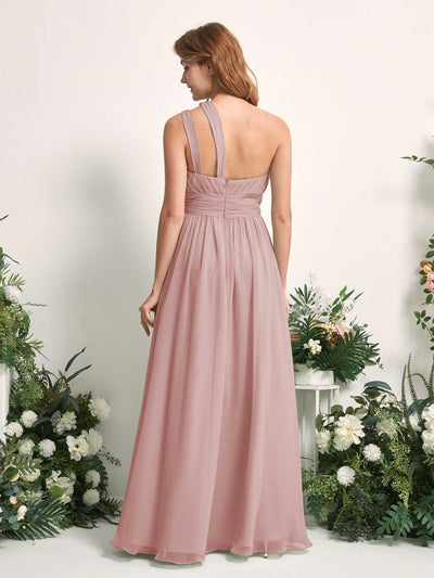 Carlyna Robe Trapèze Longueur ras du sol Décolleté Asymétrique Mousseline Demoiselle d'honneur Rose Poussiéreux #couleur_rose-poussi-reux