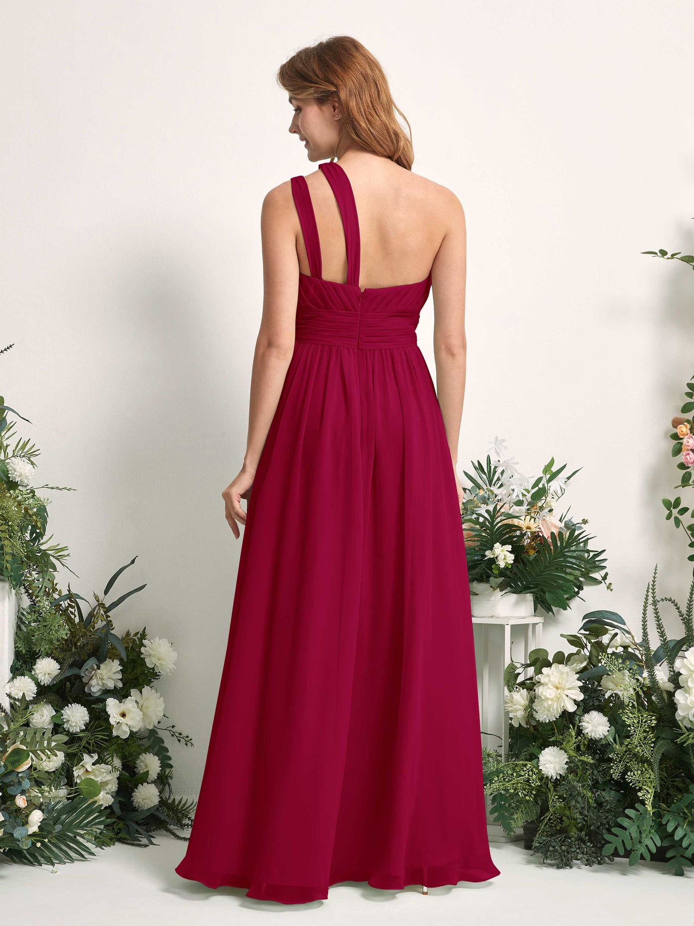 Carlyna Robe Trapèze Longueur ras du sol Décolleté Asymétrique Mousseline Demoiselle d'honneur Rouge Bouffon #couleur_rouge-bouffon