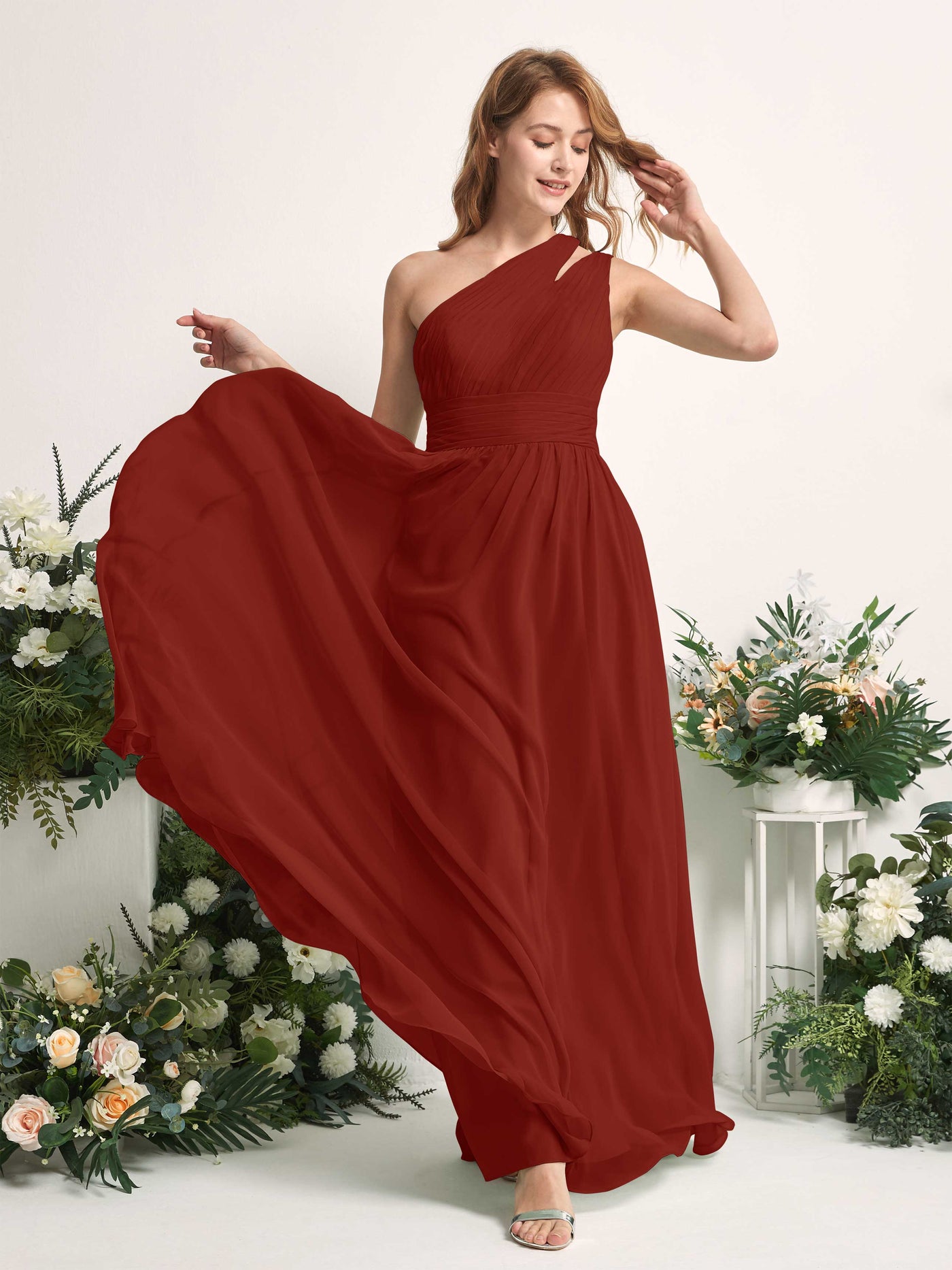 Carlyna Robe Trapèze Longueur ras du sol Décolleté Asymétrique Mousseline Demoiselle d'honneur Rouille #couleur_rouille