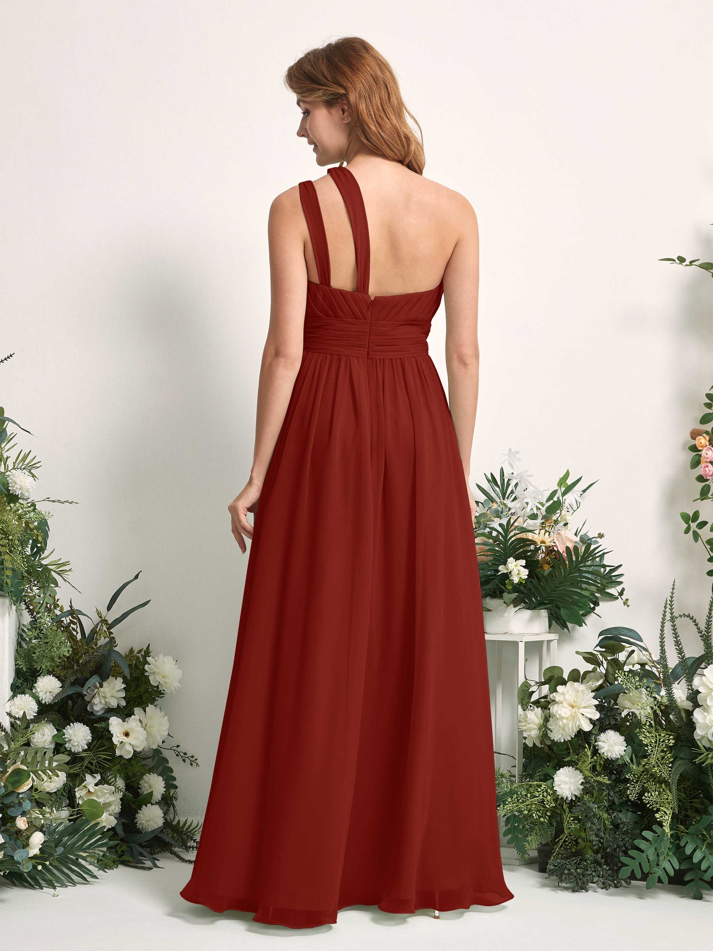 Carlyna Robe Trapèze Longueur ras du sol Décolleté Asymétrique Mousseline Demoiselle d'honneur Rouille #couleur_rouille