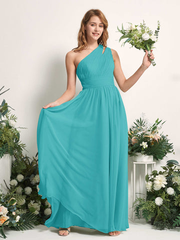 Carlyna Robe Trapèze Longueur ras du sol Décolleté Asymétrique Mousseline Demoiselle d'honneur Turquoise #couleur_turquoise