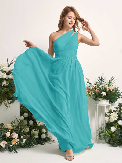 Carlyna Robe Trapèze Longueur ras du sol Décolleté Asymétrique Mousseline Demoiselle d'honneur Turquoise #couleur_turquoise