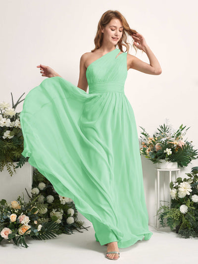Carlyna Robe Trapèze Longueur ras du sol Décolleté Asymétrique Mousseline Demoiselle d'honneur Vert Menthe #couleur_vert-menthe