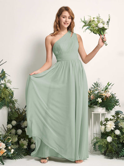 Carlyna Robe Trapèze Longueur ras du sol Décolleté Asymétrique Mousseline Demoiselle d'honneur Vert Sauge Foncé #couleur_vert-sauge-fonc
