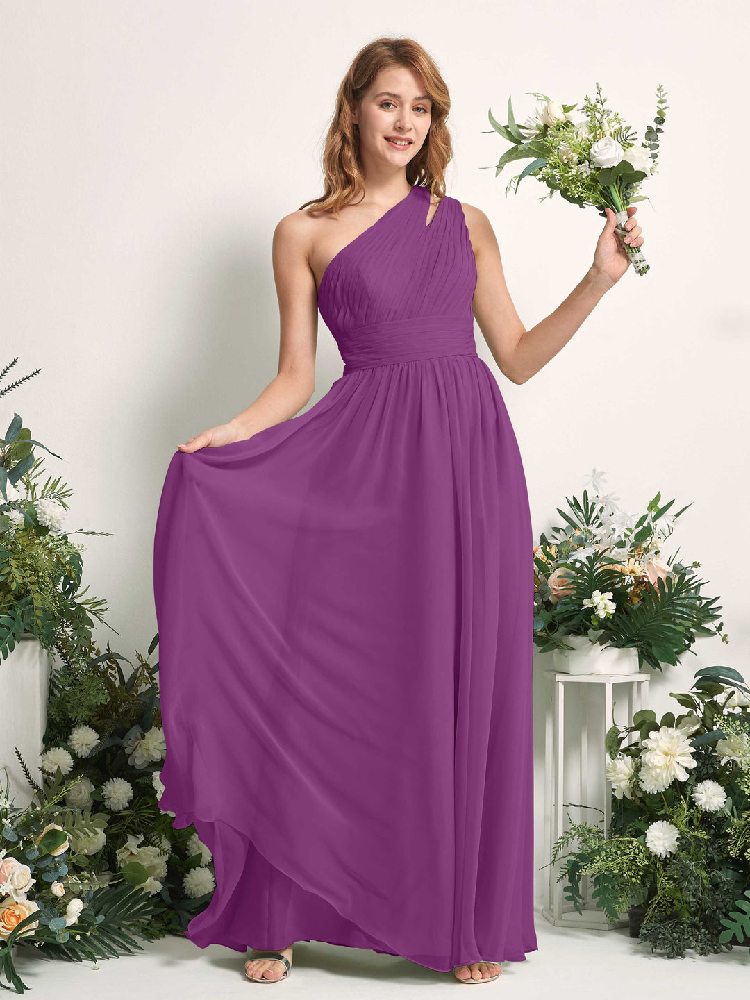 Carlyna Robe Trapèze Longueur ras du sol Décolleté Asymétrique Mousseline Demoiselle d&