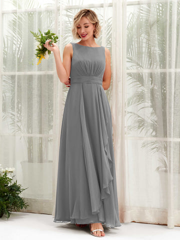 Carlyna Robe trapèze longueur ras du sol encolure bateau demoiselle d'honneur Gris Acier #couleur_gris-acier