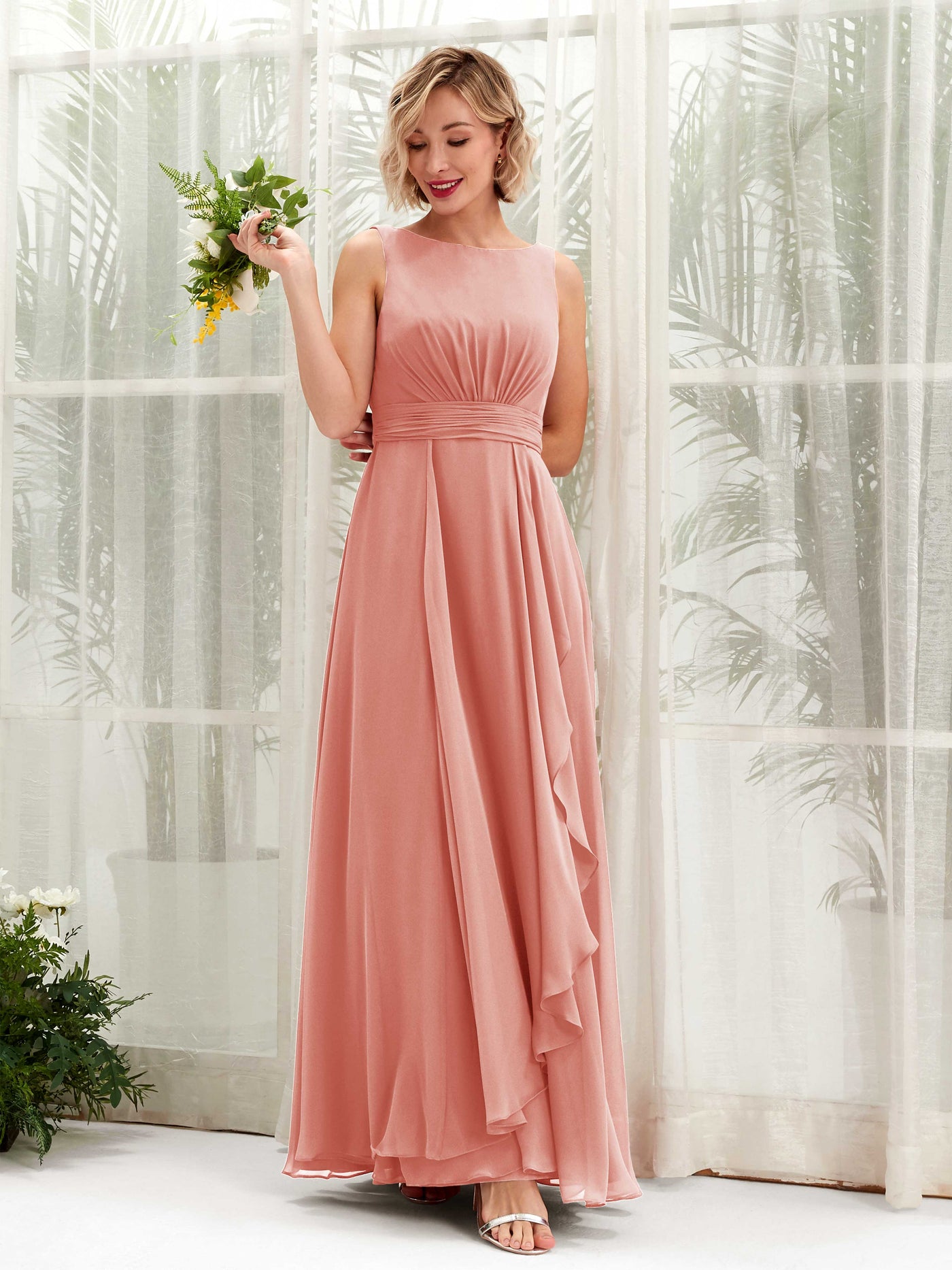 Carlyna Robe trapèze longueur ras du sol encolure bateau demoiselle d'honneur Rose Champagne #couleur_rose-champagne