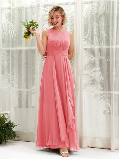 Carlyna Robe trapèze longueur ras du sol encolure bateau demoiselle d'honneur Rose Corail #couleur_rose-corail