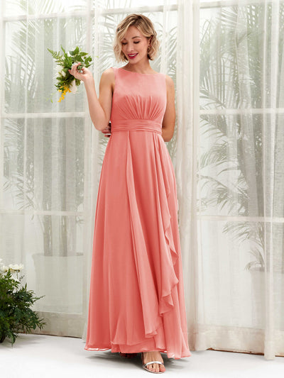 Carlyna Robe trapèze longueur ras du sol encolure bateau demoiselle d'honneur Rose Pêche #couleur_rose-p-che