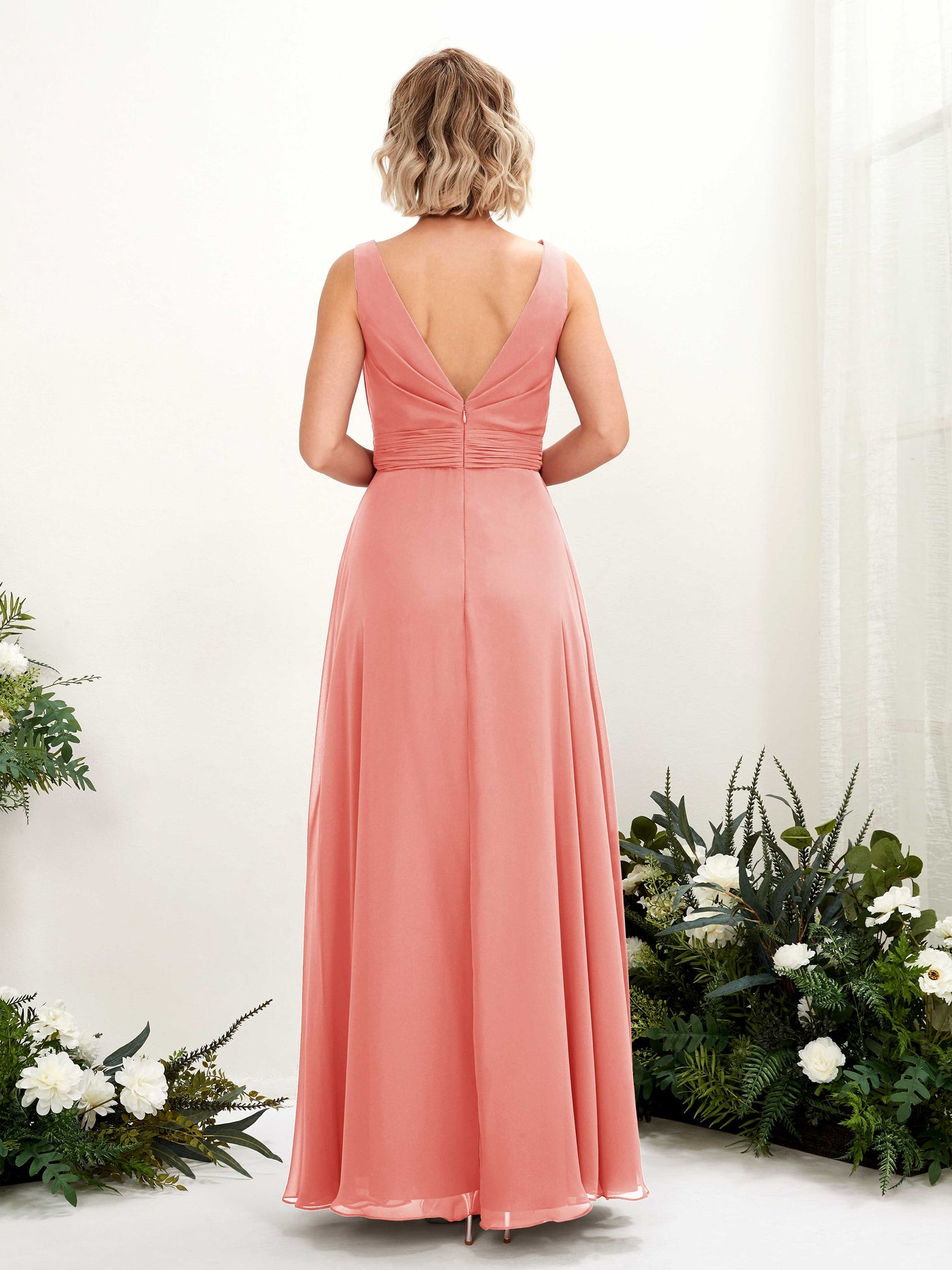 Carlyna Robe trapèze longueur ras du sol encolure bateau demoiselle d'honneur Rose Pêche #couleur_rose-p-che