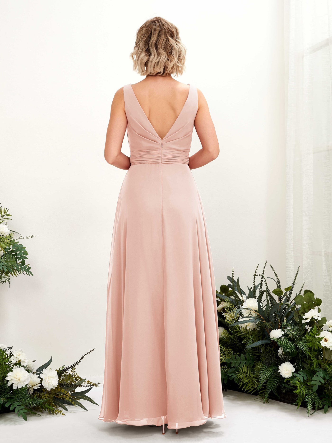 Carlyna Robe trapèze longueur ras du sol encolure bateau demoiselle d'honneur Rose Perle #couleur_rose-perle