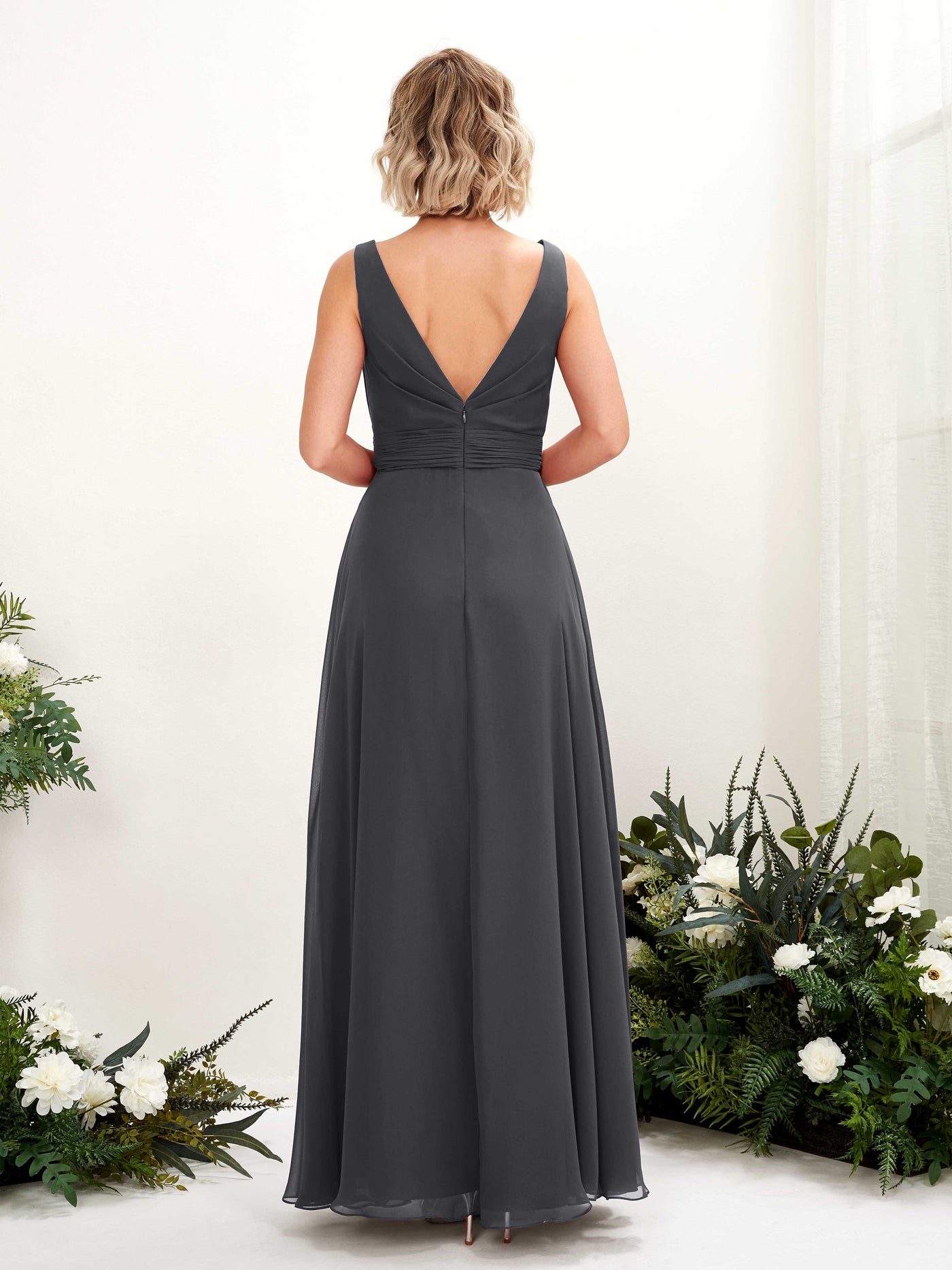 Carlyna Robe trapèze longueur ras du sol encolure bateau demoiselle d'honneur Étain #couleur_tain