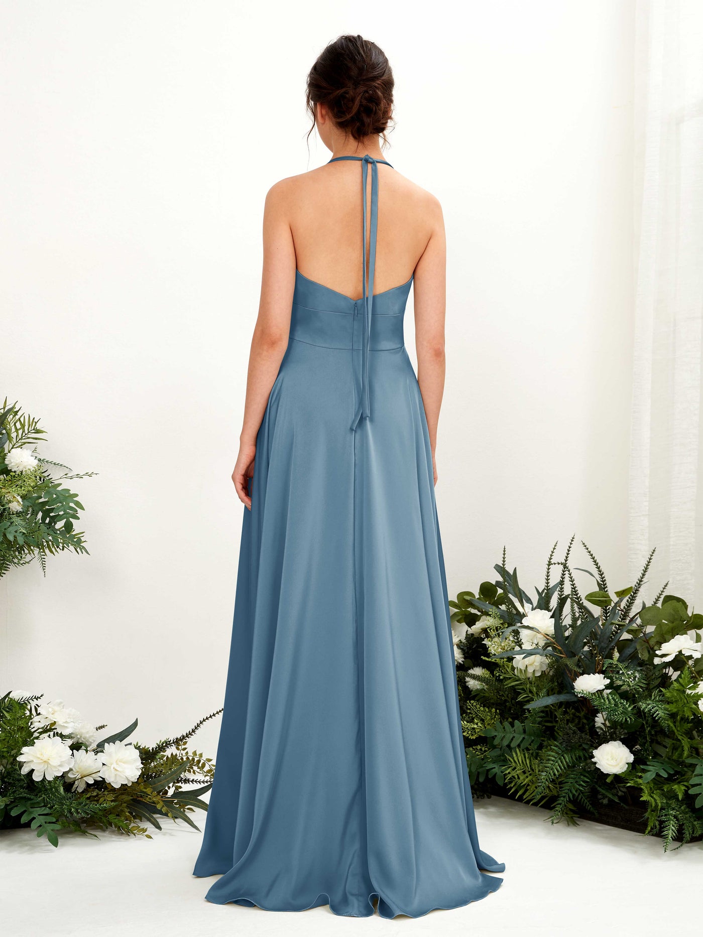 Carlyna Robe Trapèze Longueur ras du sol Satin Licou Demoiselle d'honneur Bleu Encre #couleur_bleu-encre