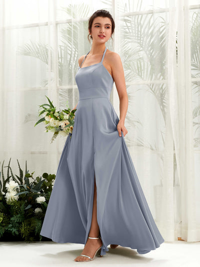 Carlyna Robe Trapèze Longueur ras du sol Satin Licou Demoiselle d'honneur Bleu Poussiéreux #couleur_bleu-poussi-reux