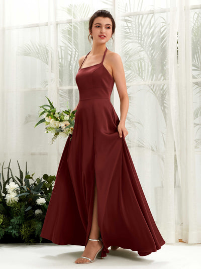 Carlyna Robe Trapèze Longueur ras du sol Satin Licou Demoiselle d'honneur Bordeaux #couleur_bordeaux