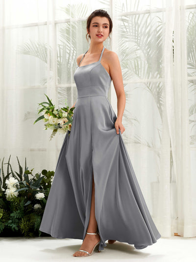 Carlyna Robe Trapèze Longueur ras du sol Satin Licou Demoiselle d'honneur Gris Acier #couleur_gris-acier