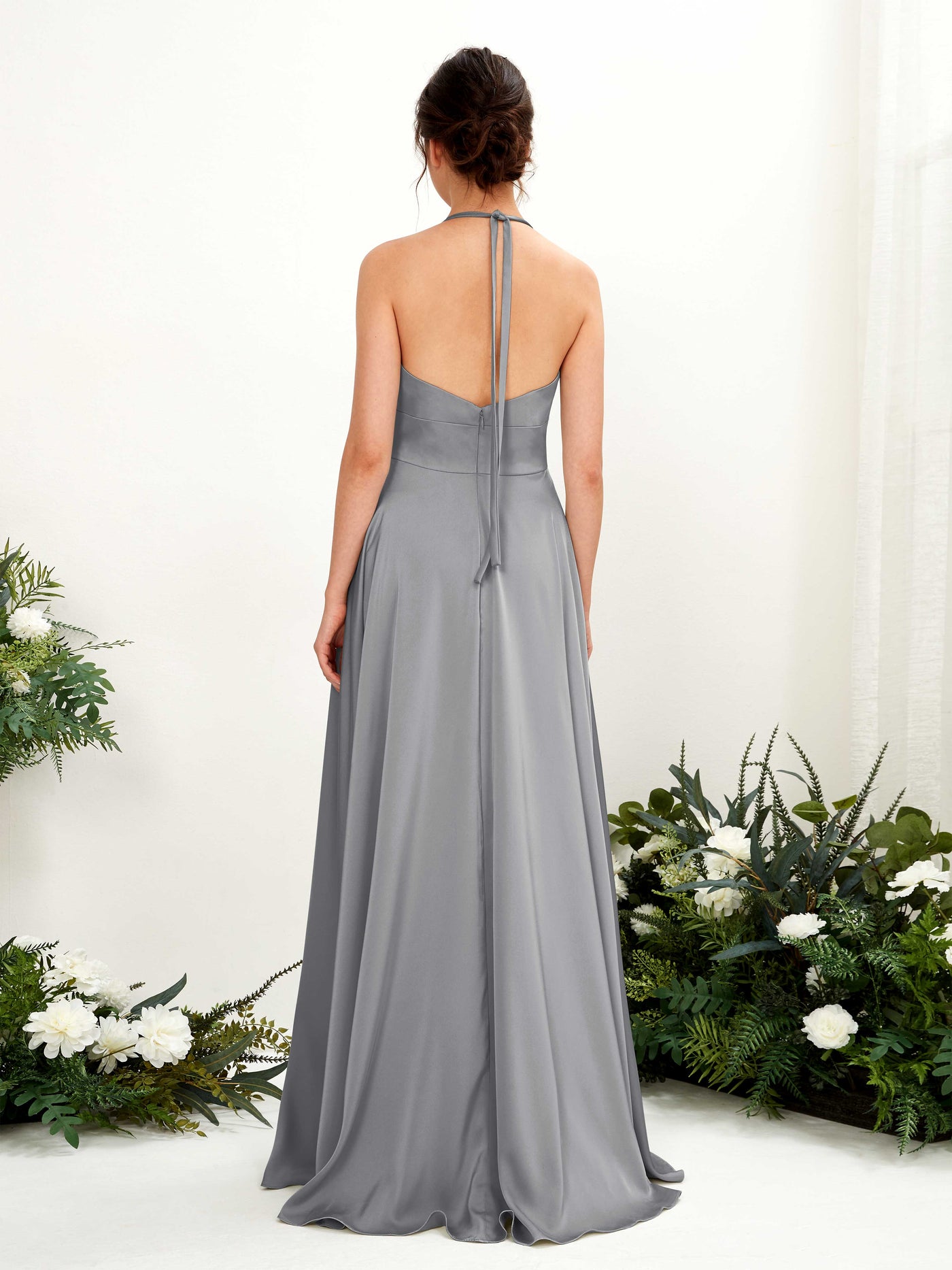 Carlyna Robe Trapèze Longueur ras du sol Satin Licou Demoiselle d'honneur Gris Acier #couleur_gris-acier