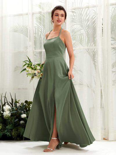 Carlyna Robe Trapèze Longueur ras du sol Satin Licou Demoiselle d'honneur Olive #couleur_olive