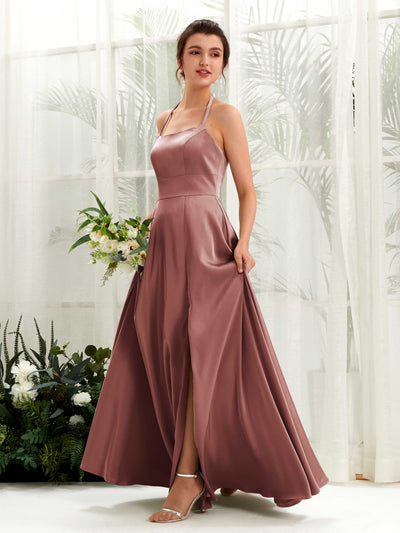 Carlyna Robe Trapèze Longueur ras du sol Satin Licou Demoiselle d'honneur Rose Du Désert #couleur_rose-du-d-sert