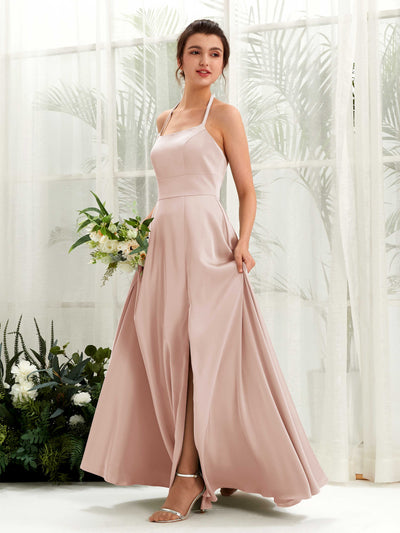 Carlyna Robe Trapèze Longueur ras du sol Satin Licou Demoiselle d'honneur Rose Perle #couleur_rose-perle