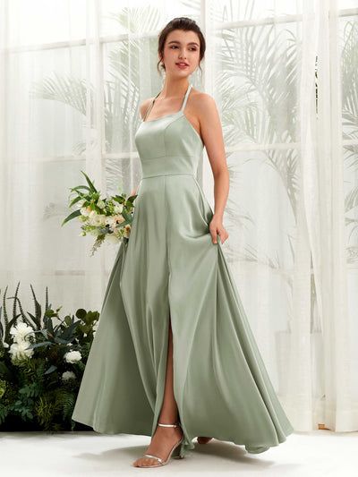Carlyna Robe Trapèze Longueur ras du sol Satin Licou Demoiselle d'honneur Vert Sauge Foncé #couleur_vert-sauge-fonc
