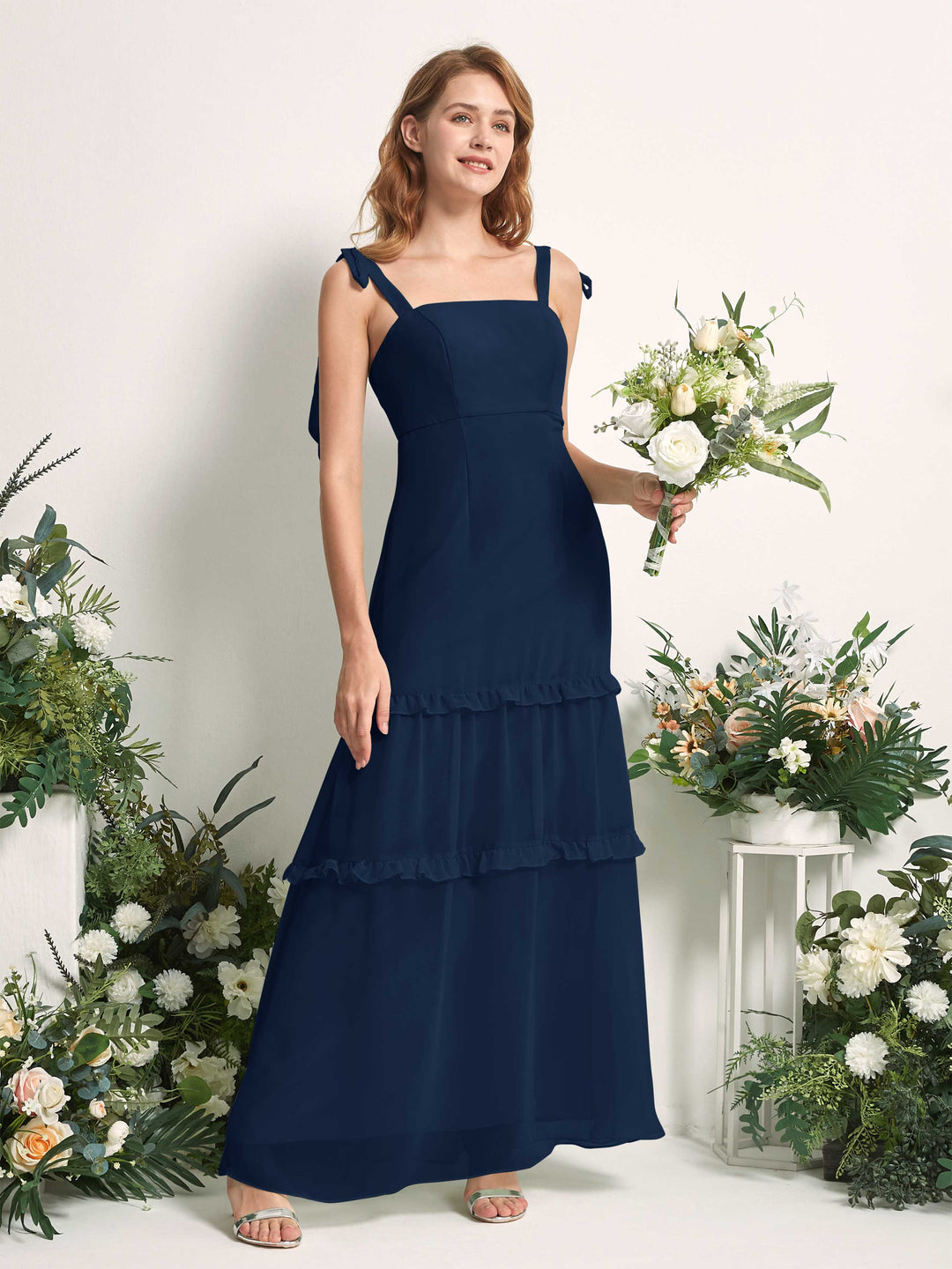 Carlyna Robe Trapèze Longueur Sol Col Droit Volants Mousseline demoiselle d&
