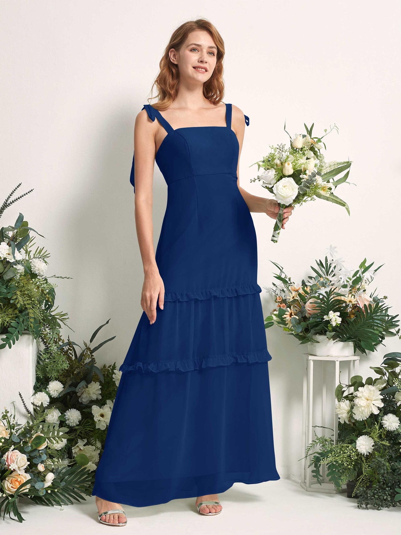 Carlyna Robe Trapèze Longueur Sol Col Droit Volants Mousseline demoiselle d'honneur Bleu Roi #couleur_bleu-roi
