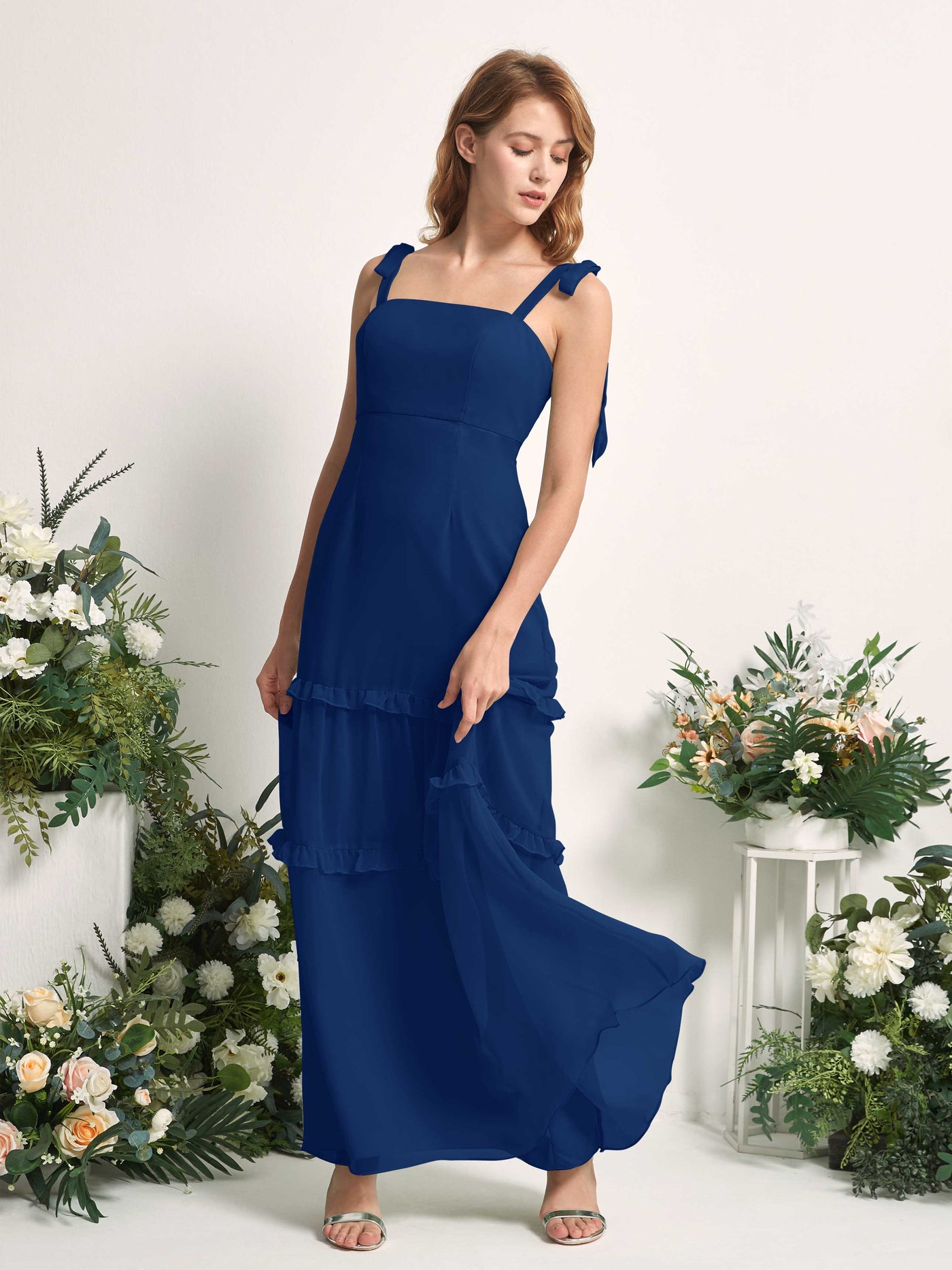 Carlyna Robe Trapèze Longueur Sol Col Droit Volants Mousseline demoiselle d'honneur Bleu Roi #couleur_bleu-roi