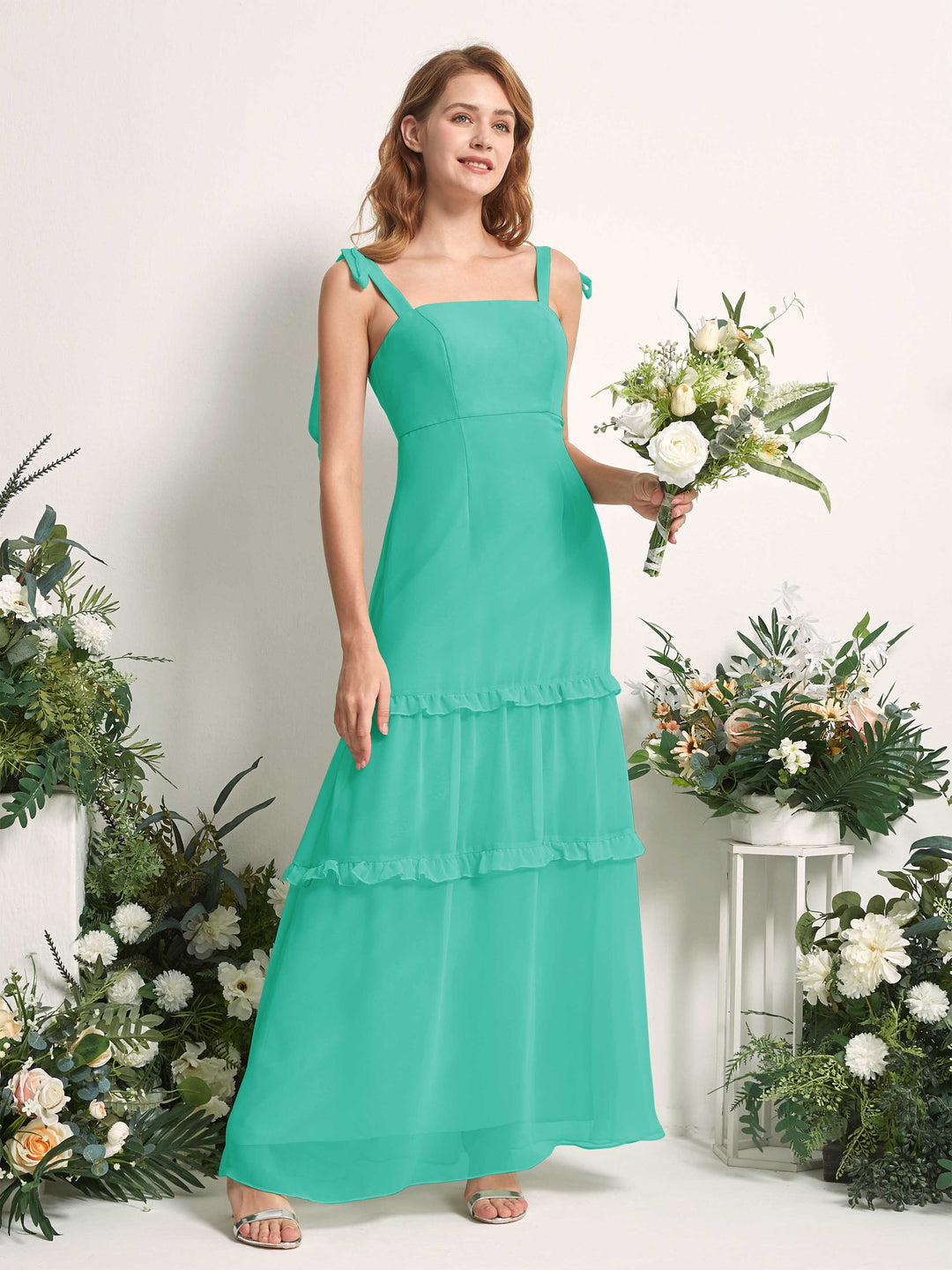 Carlyna Robe Trapèze Longueur Sol Col Droit Volants Mousseline demoiselle d&