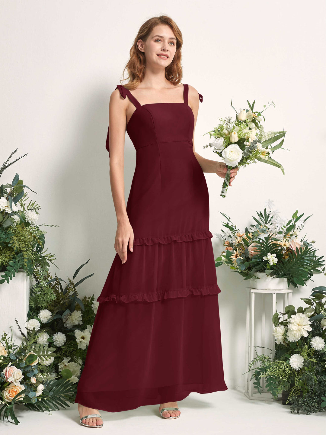 Carlyna Robe Trapèze Longueur Sol Col Droit Volants Mousseline demoiselle d&