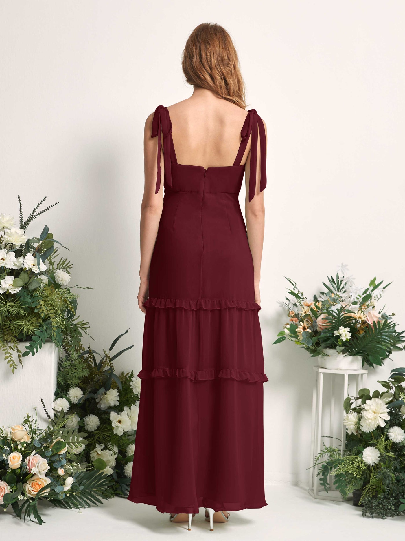 Carlyna Robe Trapèze Longueur Sol Col Droit Volants Mousseline demoiselle d'honneur Bordeaux #couleur_bordeaux