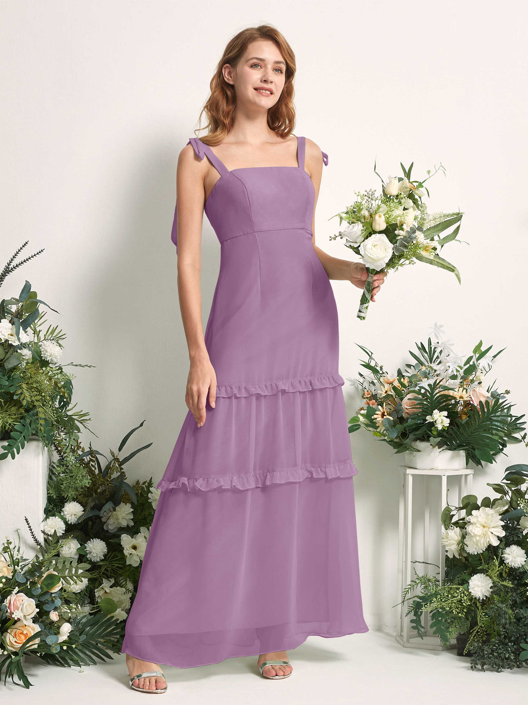 Carlyna Robe Trapèze Longueur Sol Col Droit Volants Mousseline demoiselle d&
