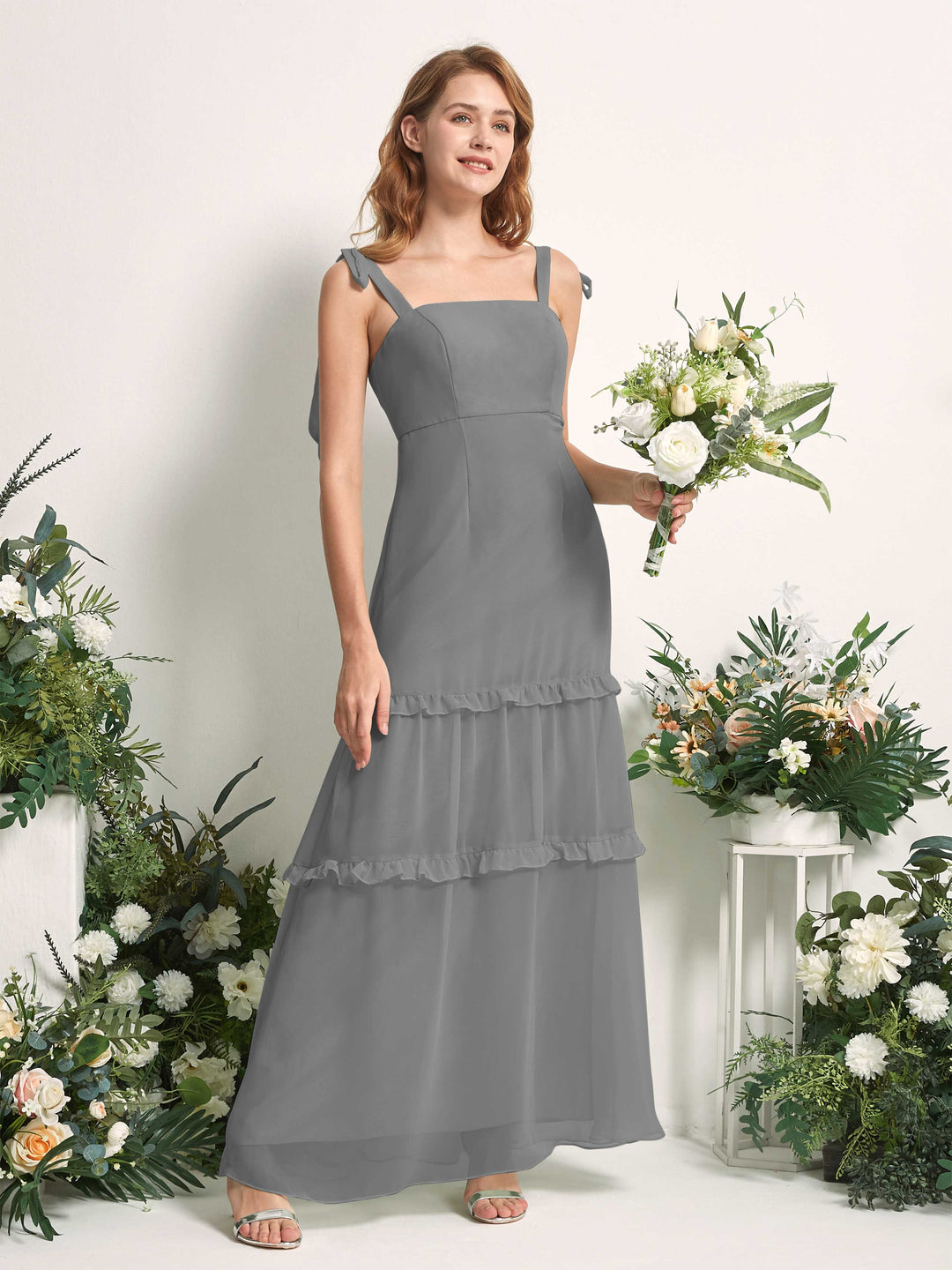Carlyna Robe Trapèze Longueur Sol Col Droit Volants Mousseline demoiselle d&