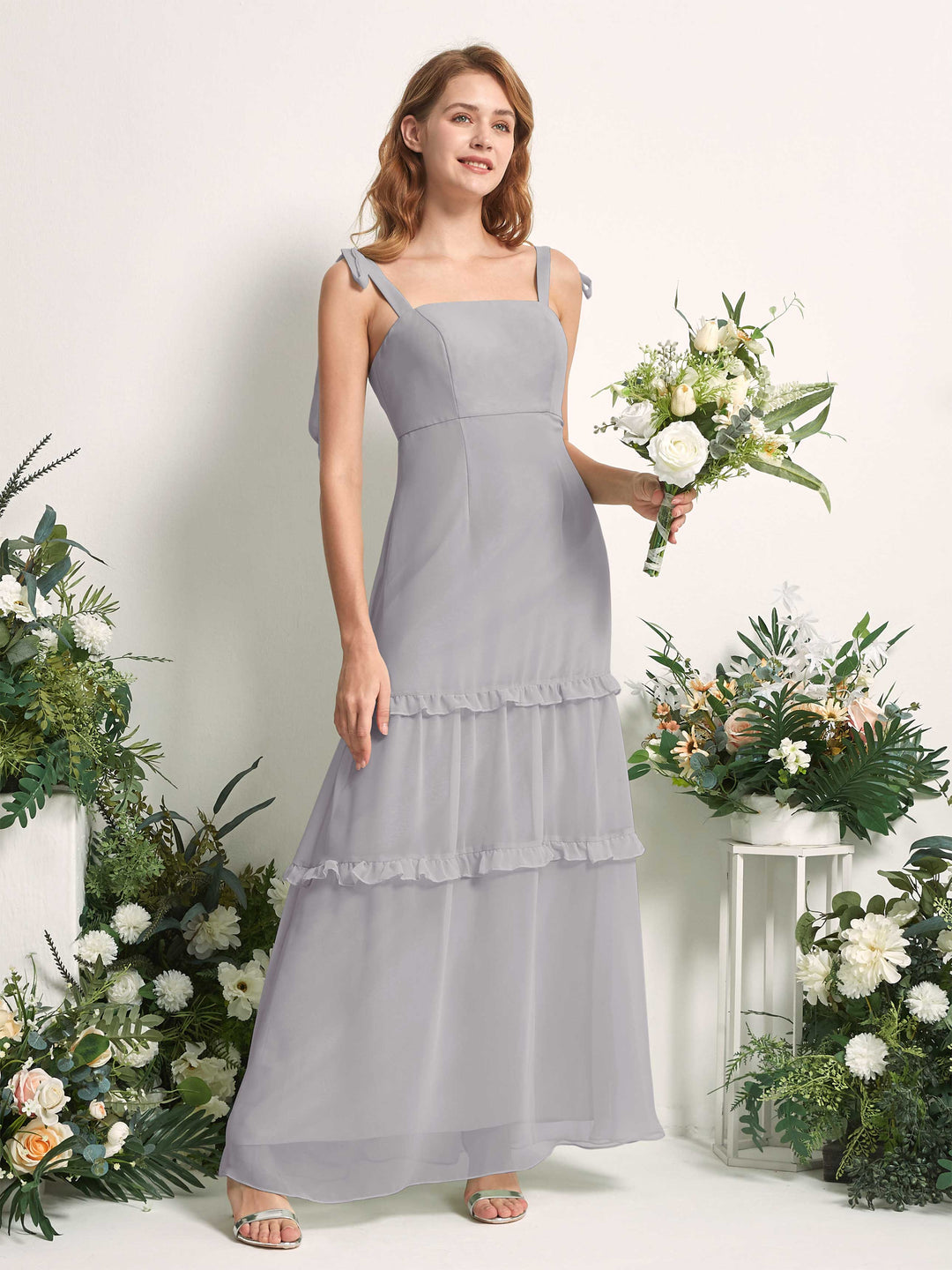 Carlyna Robe Trapèze Longueur Sol Col Droit Volants Mousseline demoiselle d&