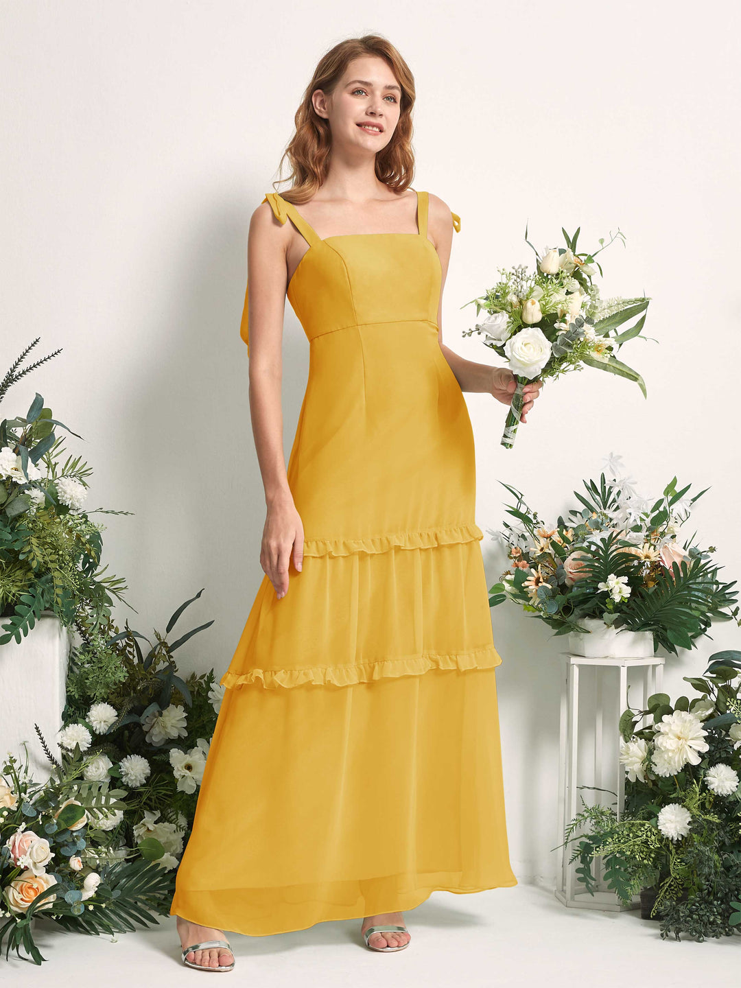 Carlyna Robe Trapèze Longueur Sol Col Droit Volants Mousseline demoiselle d&