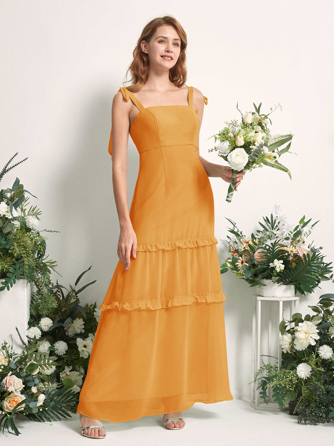 Carlyna Robe Trapèze Longueur Sol Col Droit Volants Mousseline demoiselle d&