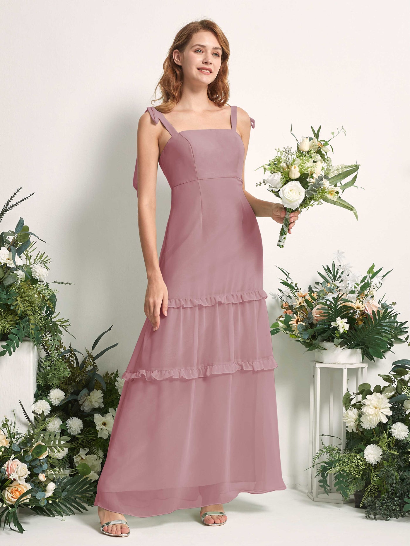 Carlyna Robe Trapèze Longueur Sol Col Droit Volants Mousseline demoiselle d'honneur Mauve Vintage #couleur_mauve-vintage