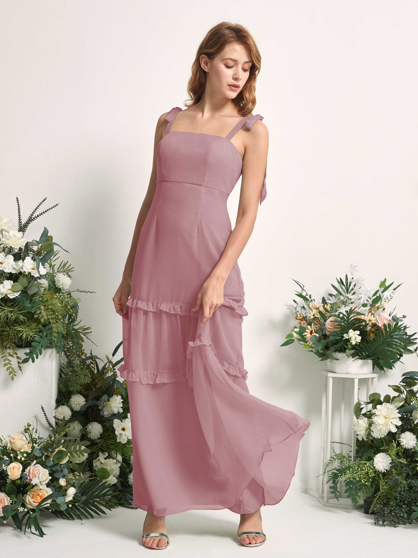 Carlyna Robe Trapèze Longueur Sol Col Droit Volants Mousseline demoiselle d'honneur Mauve Vintage #couleur_mauve-vintage