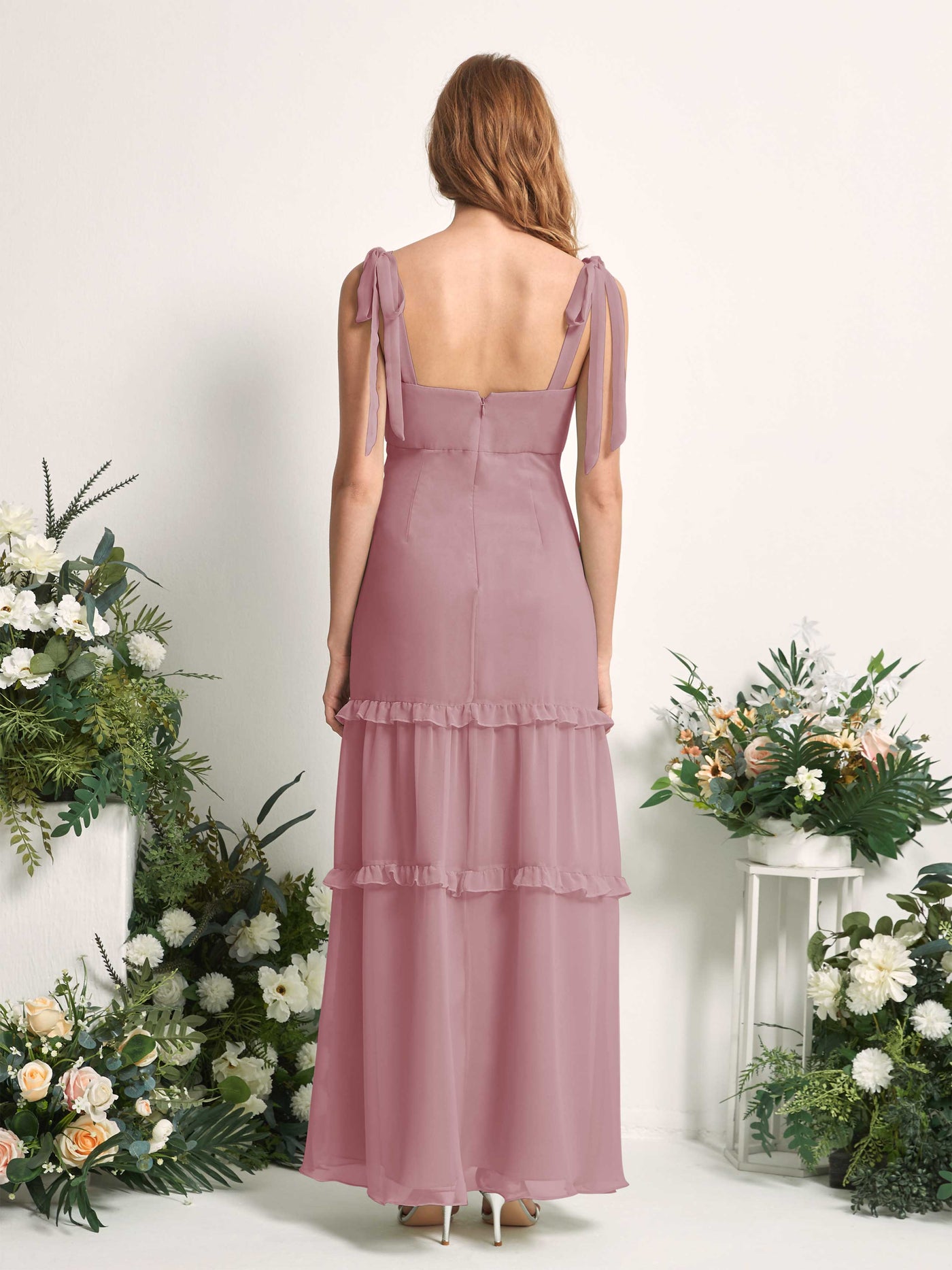 Carlyna Robe Trapèze Longueur Sol Col Droit Volants Mousseline demoiselle d'honneur Mauve Vintage #couleur_mauve-vintage