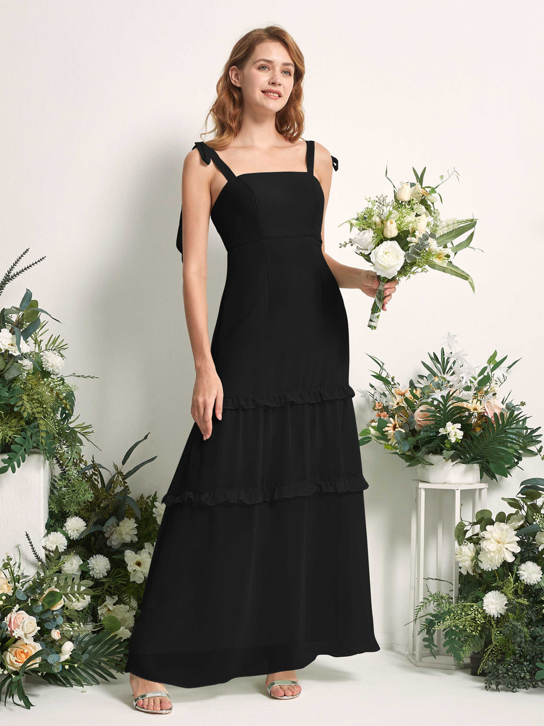 Carlyna Robe Trapèze Longueur Sol Col Droit Volants Mousseline demoiselle d&
