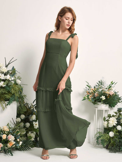 Carlyna Robe Trapèze Longueur Sol Col Droit Volants Mousseline demoiselle d'honneur Olive Martini #couleur_olive-martini