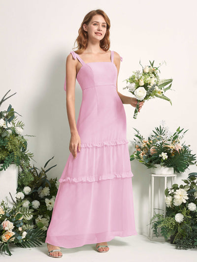 Carlyna Robe Trapèze Longueur Sol Col Droit Volants Mousseline demoiselle d'honneur Rose Bonbon #couleur_rose-bonbon