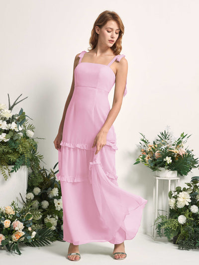 Carlyna Robe Trapèze Longueur Sol Col Droit Volants Mousseline demoiselle d'honneur Rose Bonbon #couleur_rose-bonbon