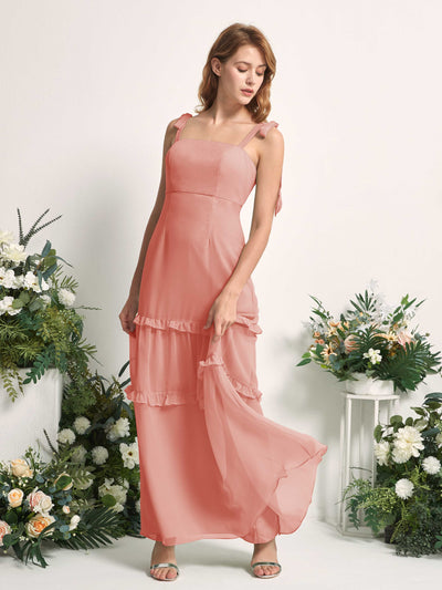 Carlyna Robe Trapèze Longueur Sol Col Droit Volants Mousseline demoiselle d'honneur Rose Champagne #couleur_rose-champagne